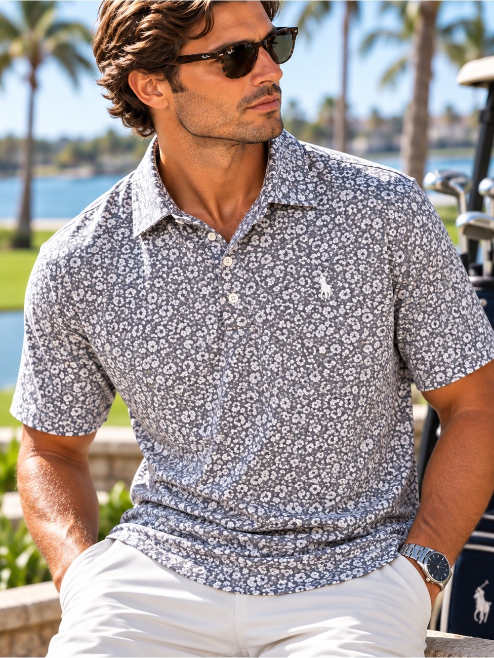 Polo Golf Ralph Lauren Pro Fit Floral Performance Polo XL Gray White #653